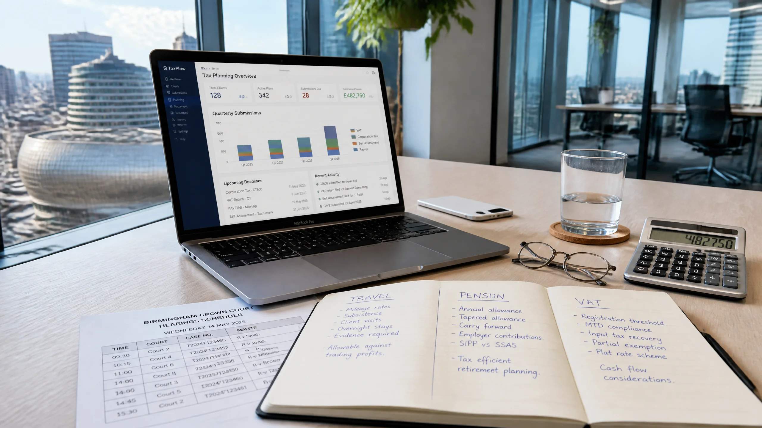 A modern Birmingham co-working office desk used by a self-employed barrister, with a MacBook showing a tax-planning dashboard, a notebook divided into TRAVEL, PENSION and VAT sections, a printed Birmingham Crown Court hearings schedule, a stainless steel calculator, and the Birmingham skyline visible through floor-to-ceiling windows showing the Library and Bullring.