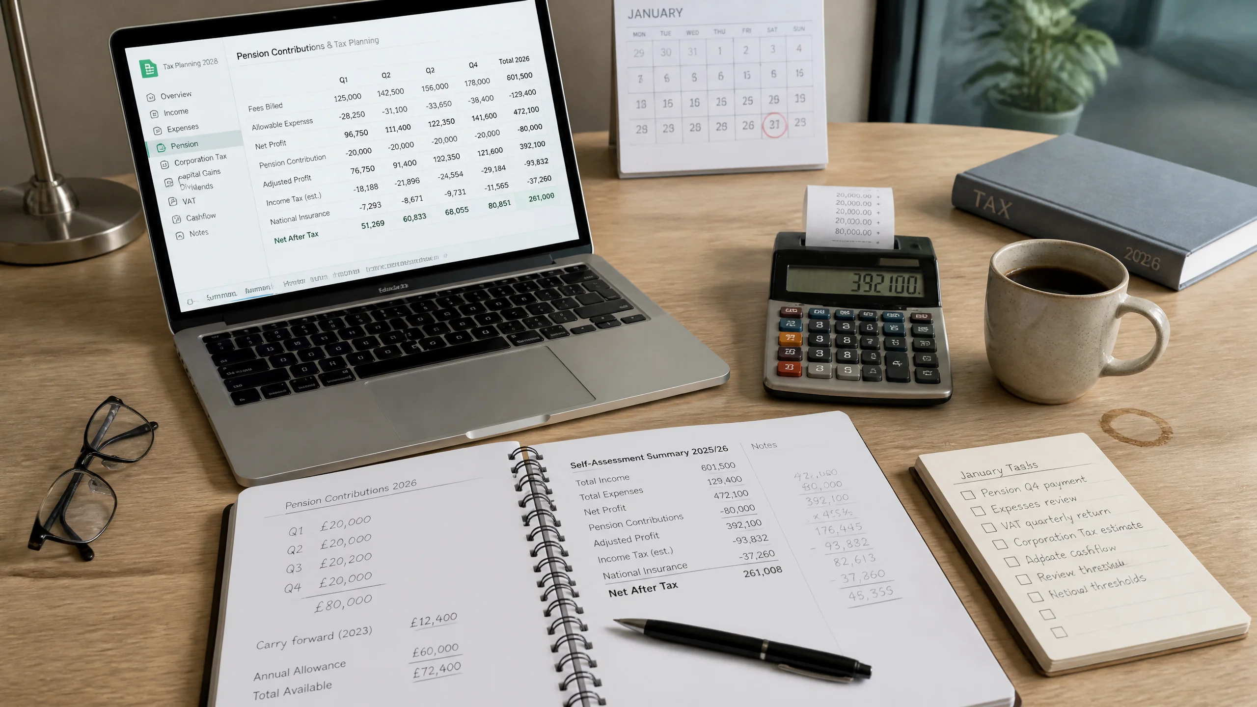 Overhead view of a self-employed barrister's home office desk showing a tax-planning spreadsheet on a MacBook, a wall calendar with the 31 January self-assessment deadline circled in red, a multi-coloured calculator with printed receipt tape, and a notebook of pension contribution figures, all on a light oak desk under cool natural daylight.