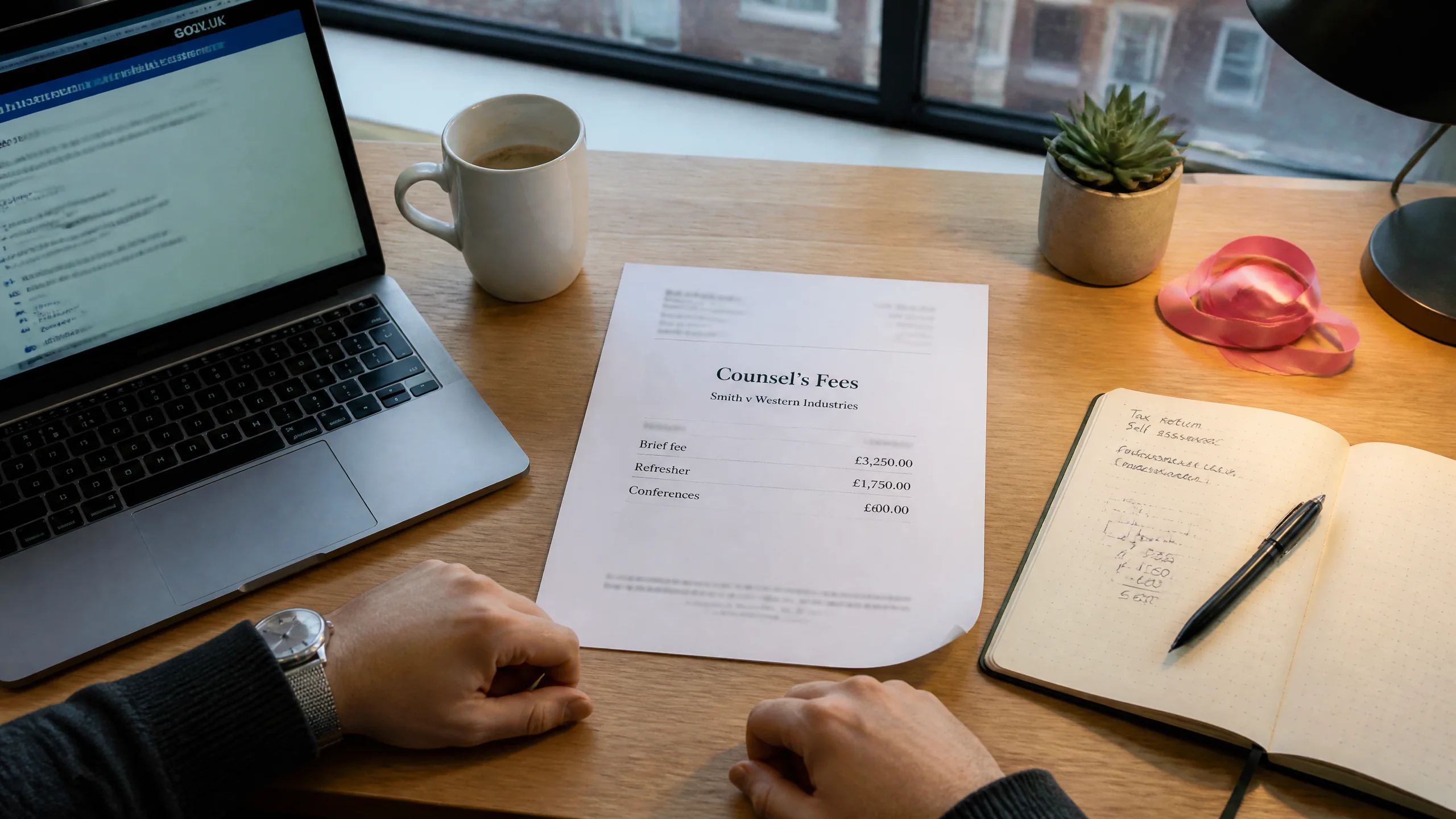 A counsel's fee note from chambers on a modern Manchester home office desk, alongside a laptop showing the HMRC Self Assessment portal and a notebook with handwritten quarterly tax calculations. The image shows the contemporary working environment of a self-employed barrister between hearings, with the discrete pink tape signal of Bar practice at the edge of the frame.